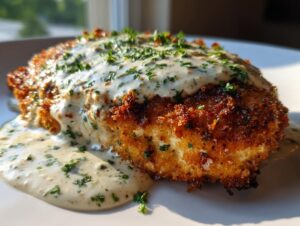 Kurczak w panierce parmezanowej z kremowym sosem czosnkowym