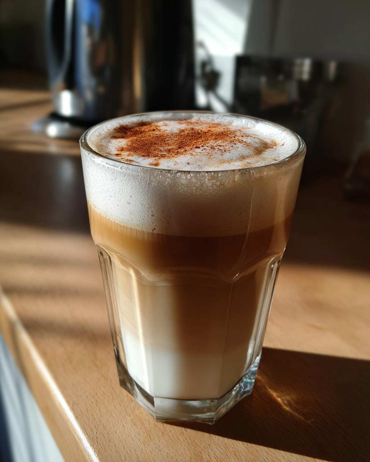 Szklanka caffe latte macchiato przepis z warstwami mleka, kawy i pianki, posypana cynamonem, na drewnianym blacie.