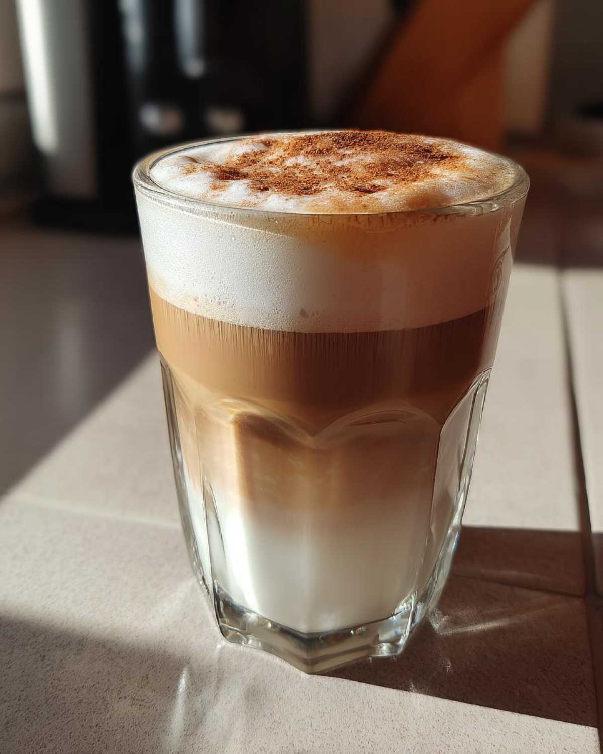 Szklanka z warstwowym caffe latte macchiato przepis, z pianką posypaną cynamonem.