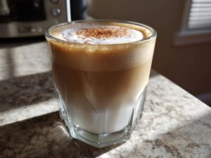 Zbliżenie na szklankę caffe latte macchiato przepis z warstwami mleka, kawy i puszystej pianki posypanej cynamonem.