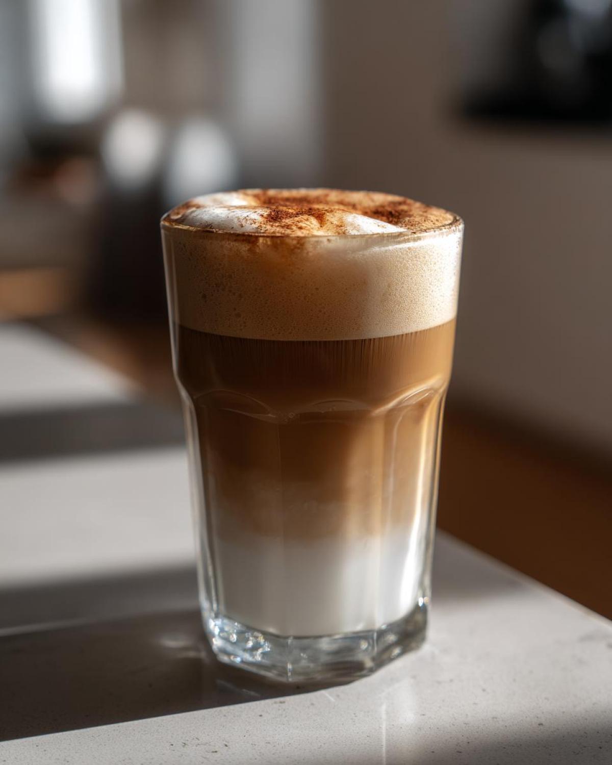 Wysoka szklanka z warstwowym caffe latte macchiato przepis, z mlekiem, kawą i pianką posypaną cynamonem.
