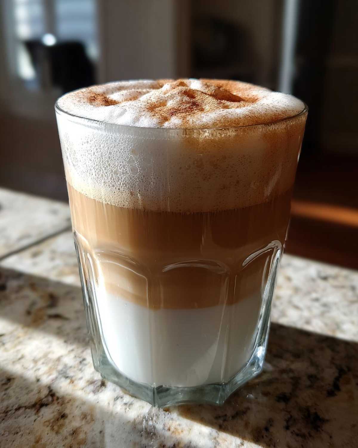 Szklanka z warstwowym caffe latte macchiato przepis, z mlekiem na dole, kawą i pianką posypaną cynamonem.