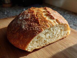 Bochenek świeżo upieczonego chleba z chrupiącą skórką na drewnianej desce, idealny mąką pełnoziarnista lubella przepis na chleb.