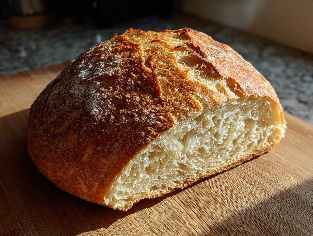 Bochenek świeżo upieczonego chleba z chrupiącą skórką na drewnianej desce, idealny mąką pełnoziarnista lubella przepis na chleb.