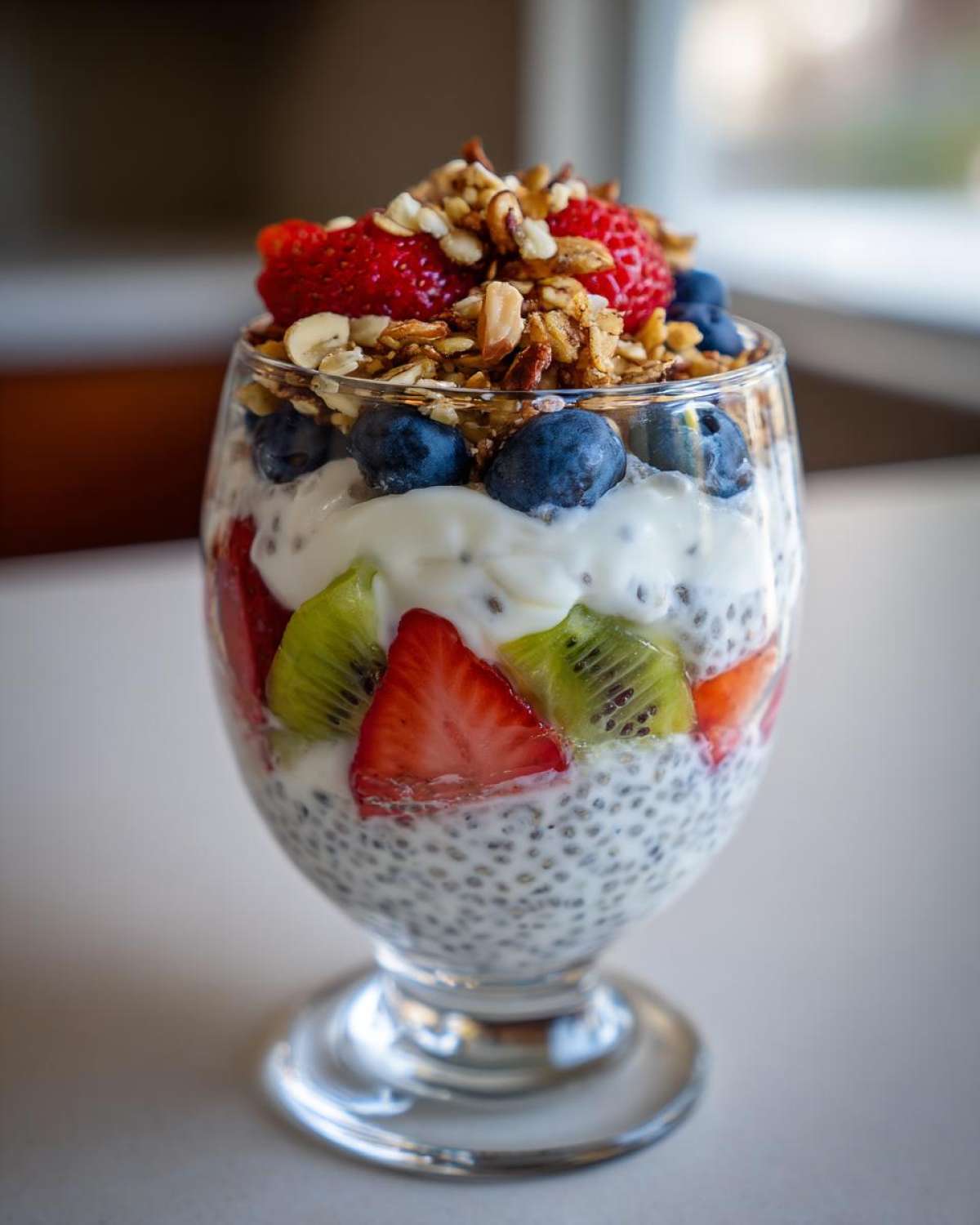 Zbliżenie na warstwowy deser z chia z jogurtem, truskawkami, kiwi, borówkami i granolą w szklance.