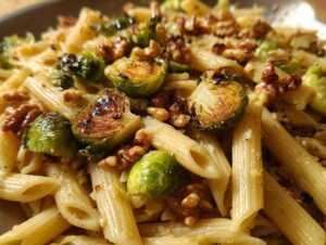 Zbliżenie na makaron penne z pieczoną brukselką i orzechami włoskimi, posypany serem.