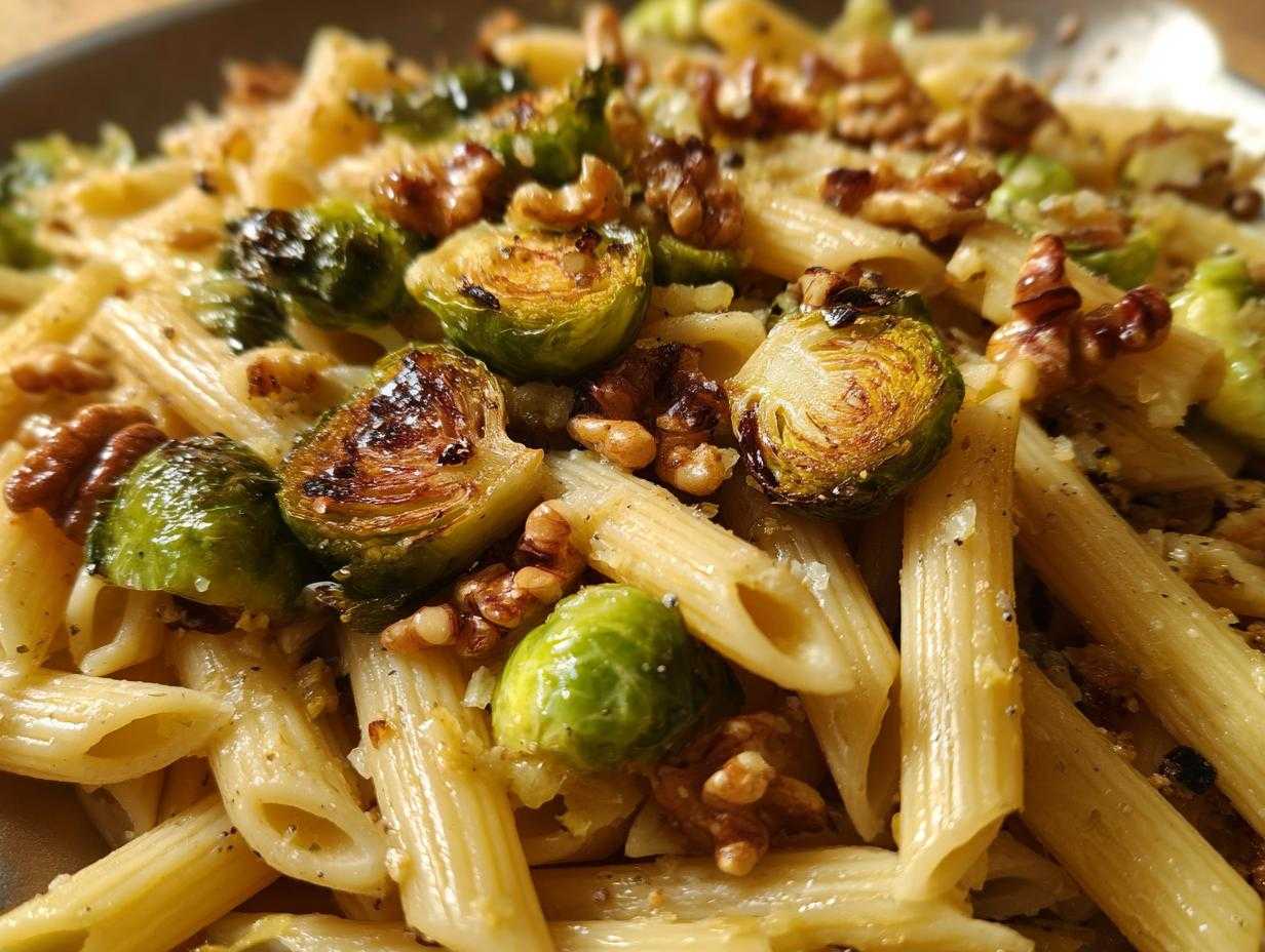 Zbliżenie na makaron penne z pieczoną brukselką i orzechami włoskimi, posypany serem.