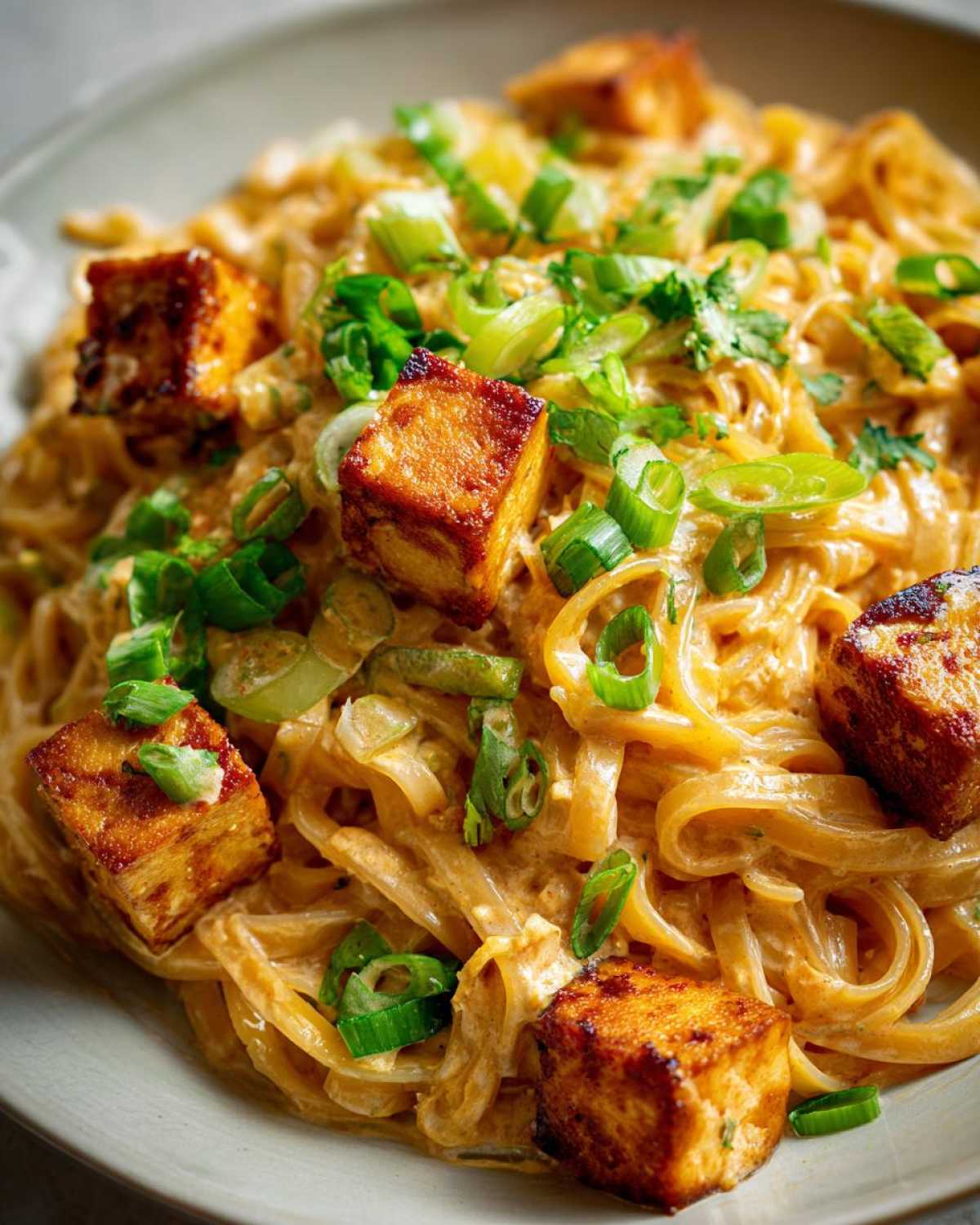 Zbliżenie na makaron z tofu i mlekiem kokosowym, posypany zieloną cebulką.