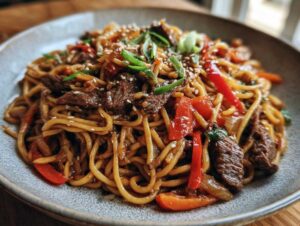Zbliżenie na talerz makaronu udon z wołowiną, papryką, cebulą, posypany sezamem i szczypiorkiem.