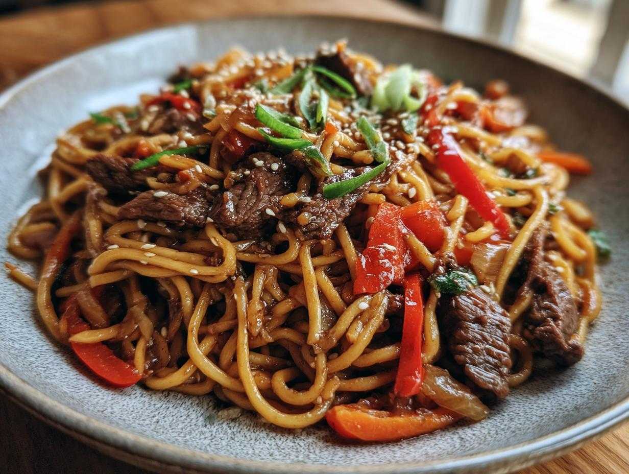 Zbliżenie na talerz makaronu udon z wołowiną, papryką, cebulą, posypany sezamem i szczypiorkiem.