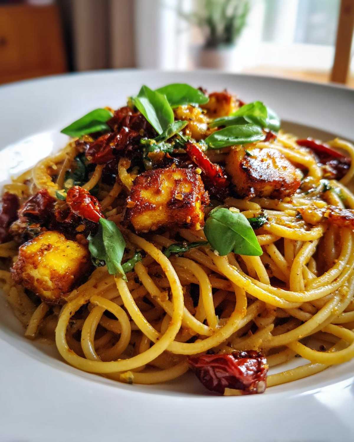 Zbliżenie na talerz z makaronem z halloumi i suszonymi pomidorami, udekorowany świeżą bazylią.