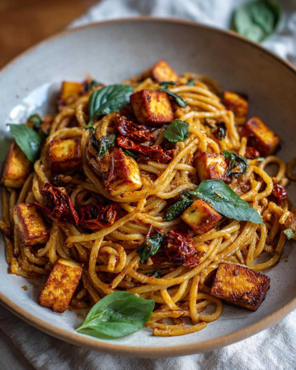 Zbliżenie miski z makaronem z halloumi i suszonymi pomidorami, udekorowanym świeżymi liśćmi bazylii.