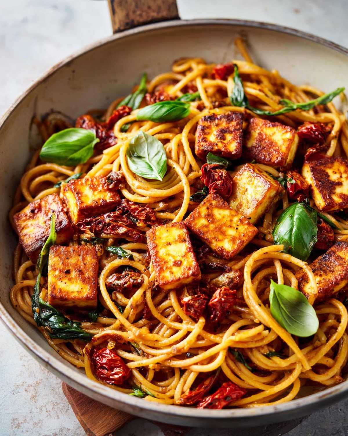 Zbliżenie na makaron z halloumi i suszonymi pomidorami w patelni, udekorowany świeżą bazylią.