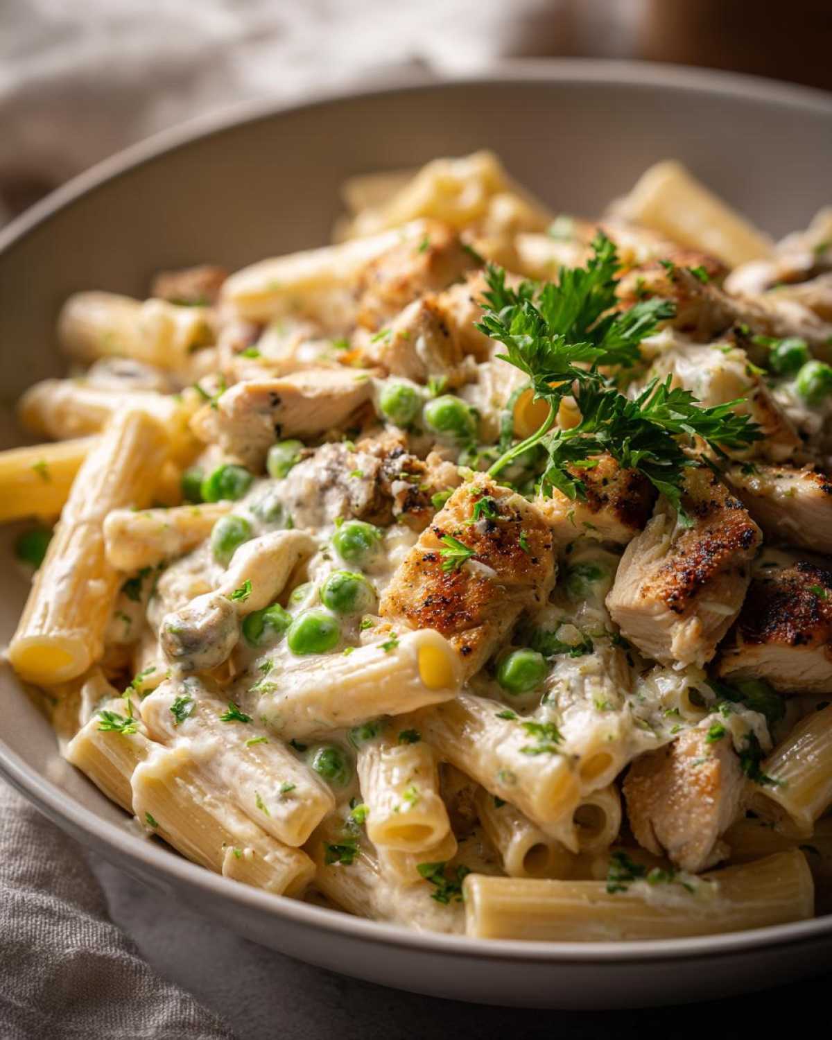 Zbliżenie miski z makaronem rigatoni, kawałkami grillowanego kurczaka, zielonym groszkiem i sosem na bazie makaron z serkiem philadelphia, udekorowane natką pietruszki.