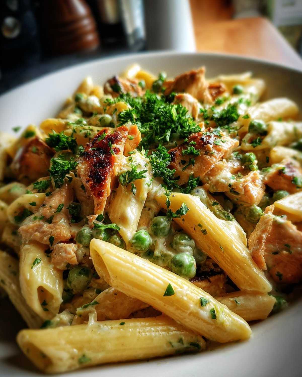 Zbliżenie na makaron penne z kremowym sosem, kawałkami kurczaka, groszkiem i świeżą natką pietruszki, czyli makaron z serkiem philadelphia.