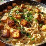 Zbliżenie na makaron z tofu i mlekiem kokosowym w patelni, z chrupiącymi kawałkami tofu i zieloną cebulką.