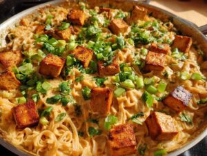 Zbliżenie na makaron z tofu i mlekiem kokosowym w dużej patelni, udekorowany świeżą kolendrą i szczypiorkiem.