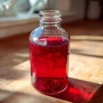 Butelka domowego octu winogronowego w kolorze czerwonym, stojąca na drewnianym blacie w świetle słonecznym. ocet winogronowy przepis.