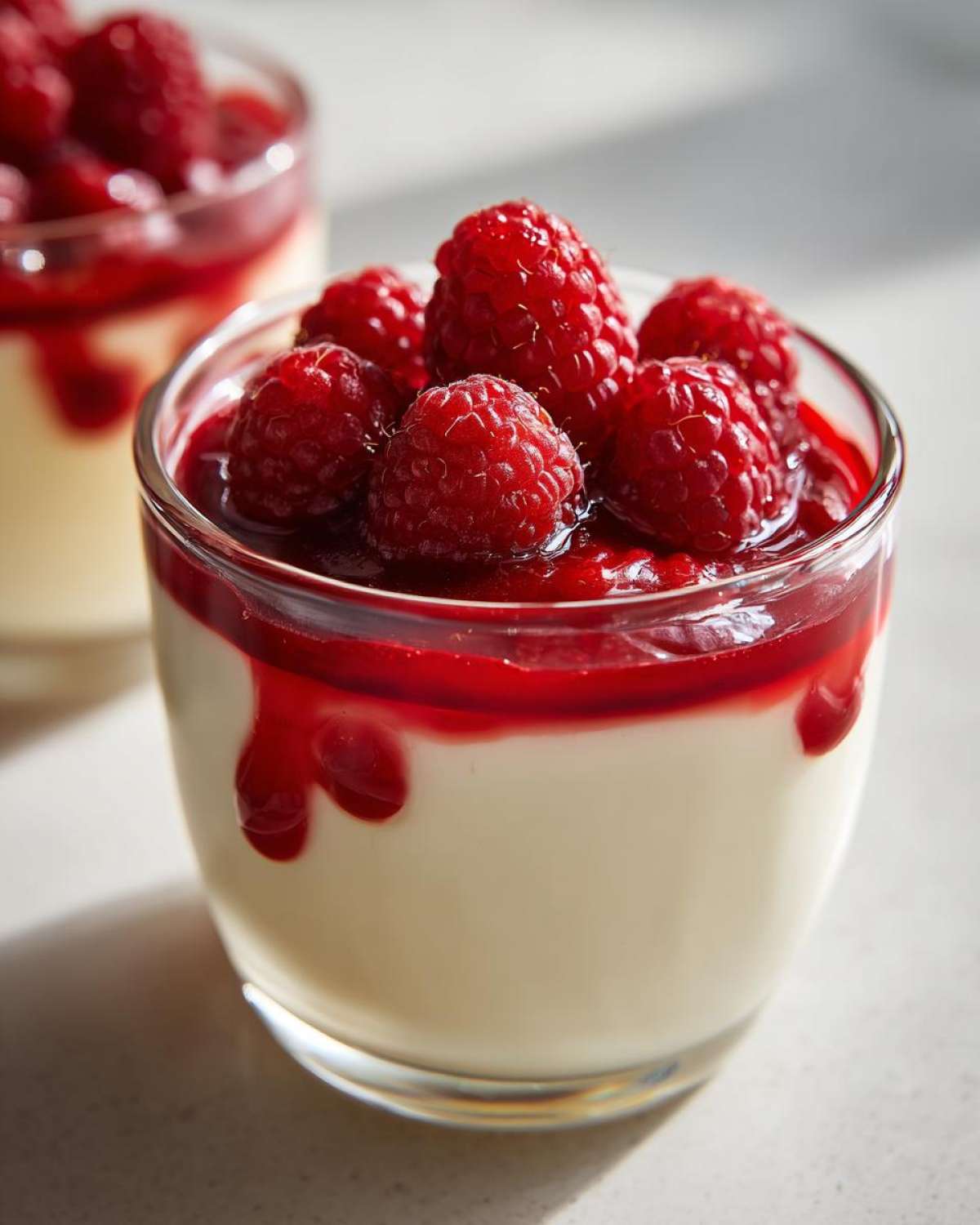 Zbliżenie na szklankę panna cotta oryginalny przepis z sosem malinowym i świeżymi malinami na wierzchu.