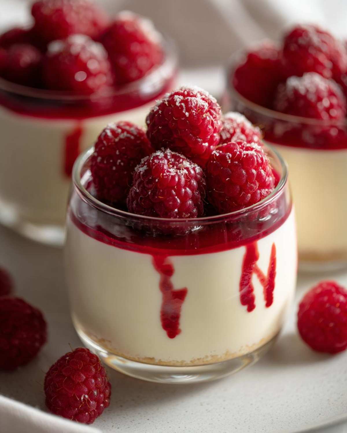 Zbliżenie na deser panna cotta oryginalny przepis w szklance, udekorowany świeżymi malinami i sosem malinowym.