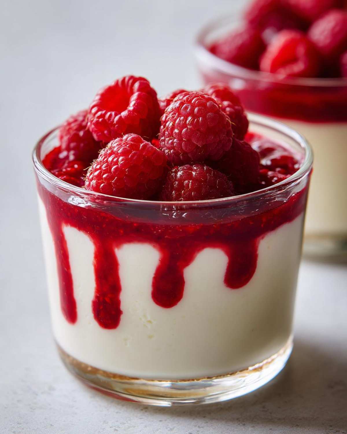 Szklanka panna cotta oryginalny przepis z sosem malinowym spływającym po bokach i świeżymi malinami na wierzchu.
