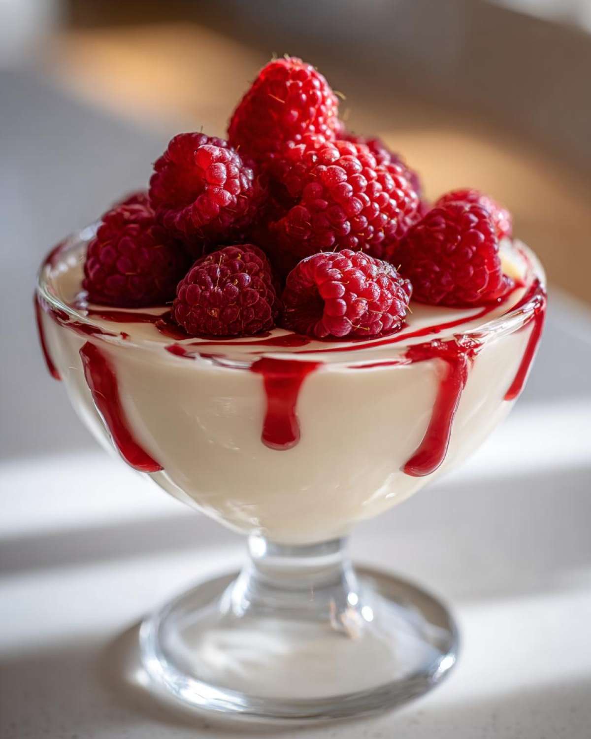 Panna cotta oryginalny przepis z malinami i sosem malinowym w szklanej pucharku.