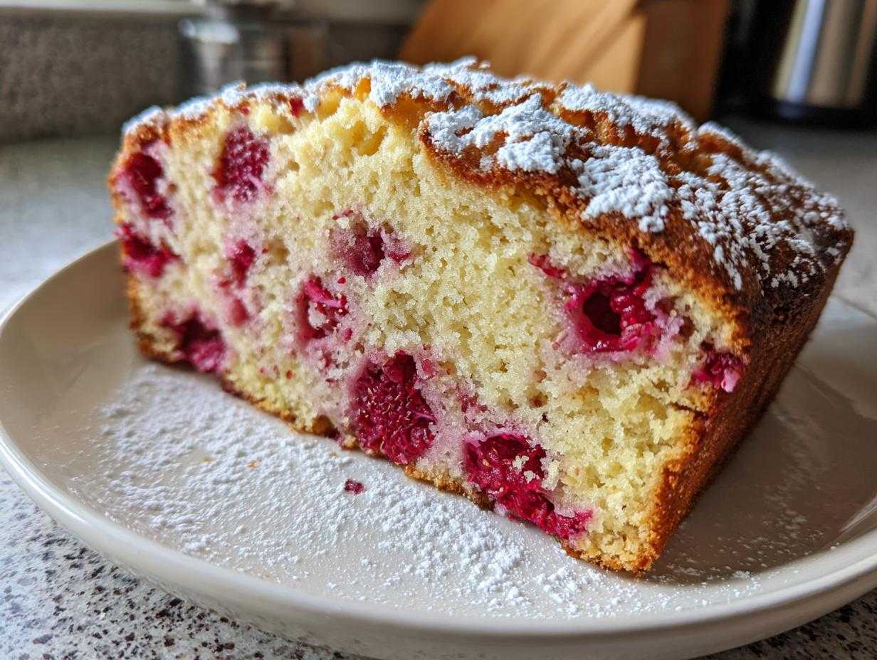 Zbliżenie na kawałek puszystego ciasta z malinami, posypanego cukrem pudrem, leżącego na białym talerzu.