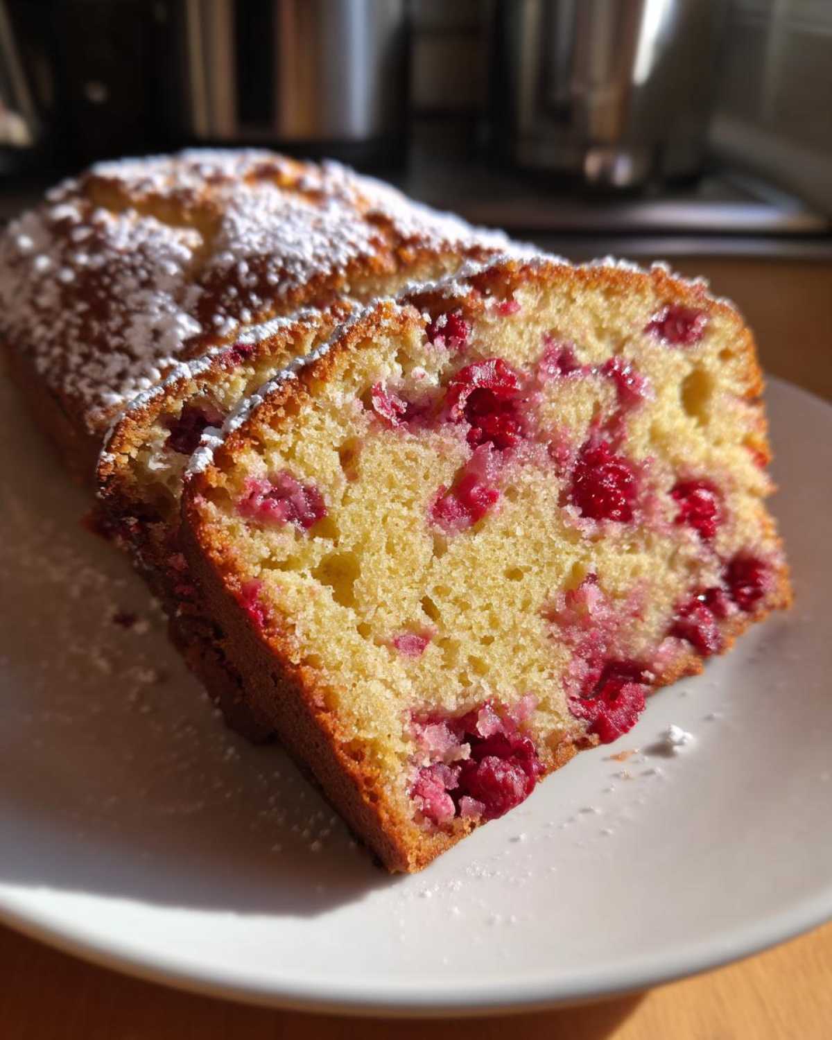 Zbliżenie na ciasto z malinami posypane cukrem pudrem, z widocznymi kawałkami malin w cieście.