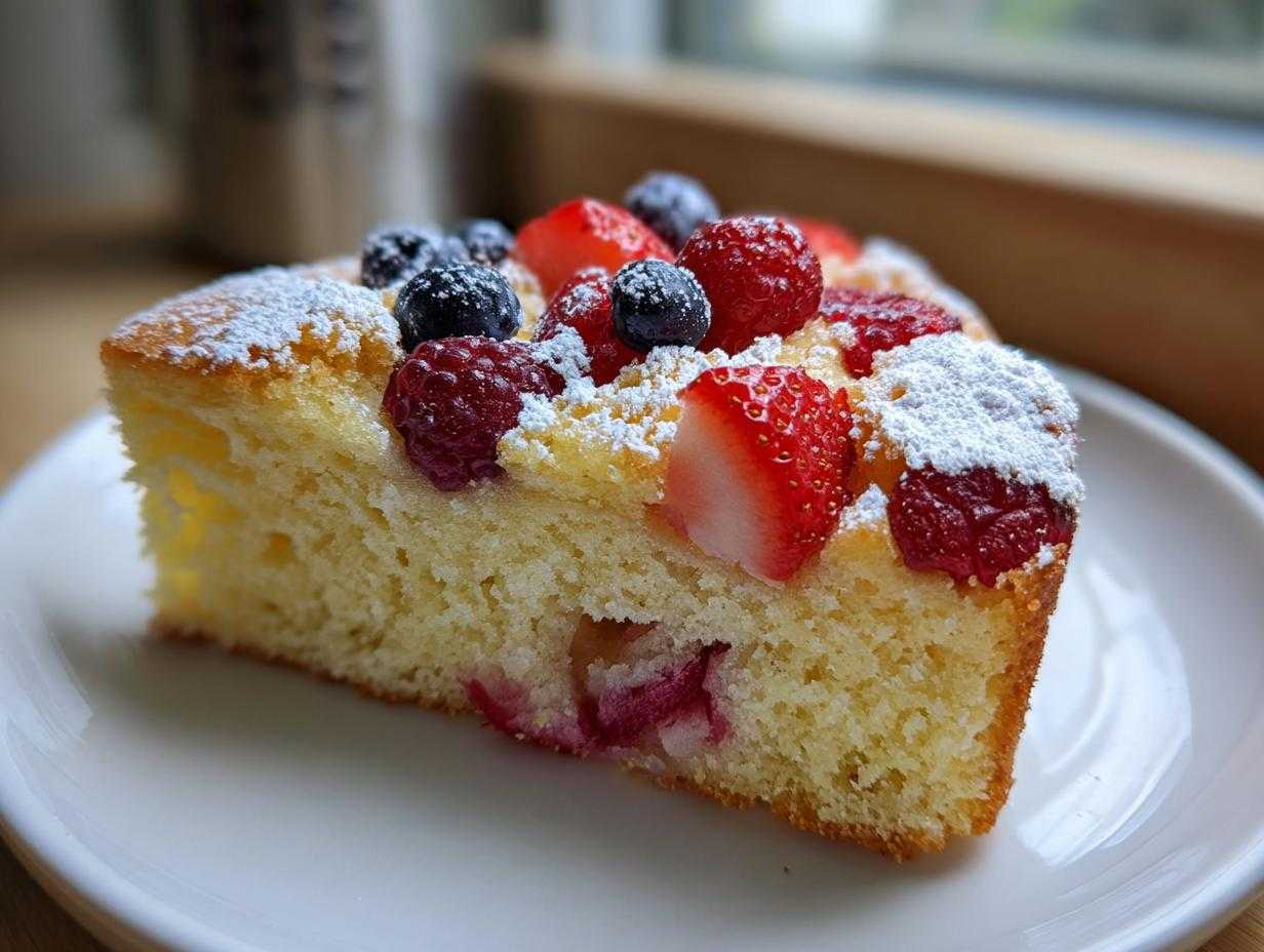 Zbliżenie na kawałek puszystego ciasto z owocami, posypanego cukrem pudrem, z truskawkami, malinami i borówkami.