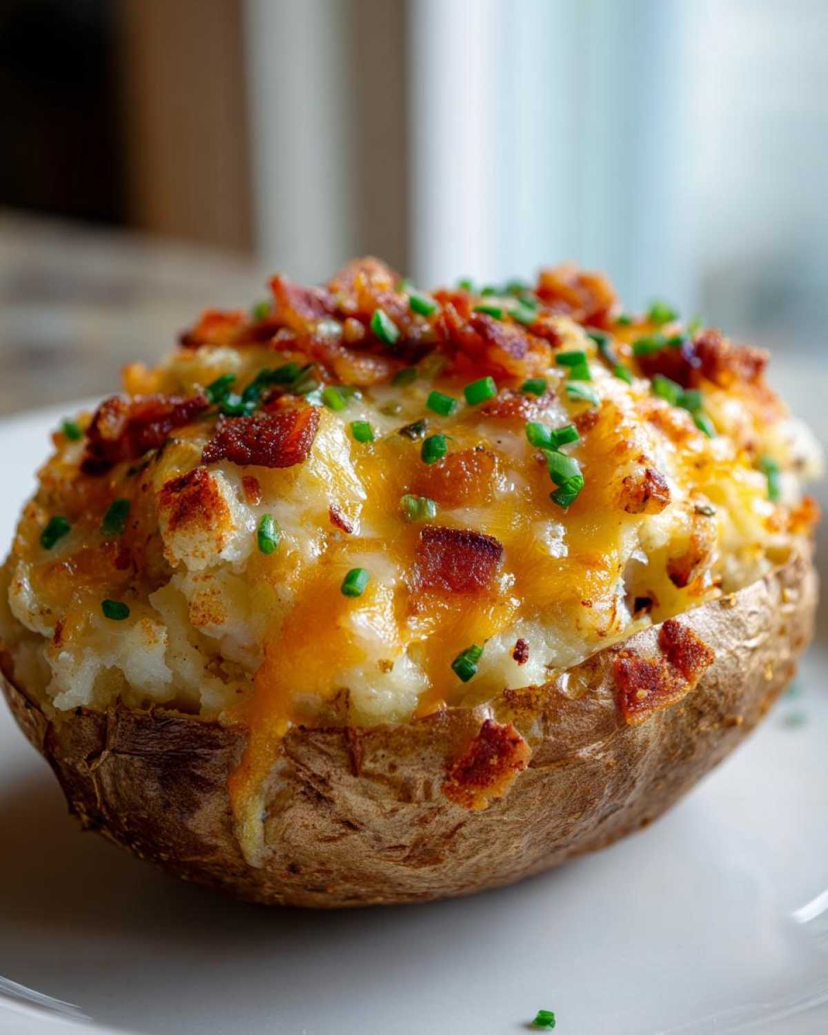 Zbliżenie na faszerowane ziemniaki z roztopionym serem cheddar, chrupiącym boczkiem i posiekanym szczypiorkiem, podane na białym talerzu.