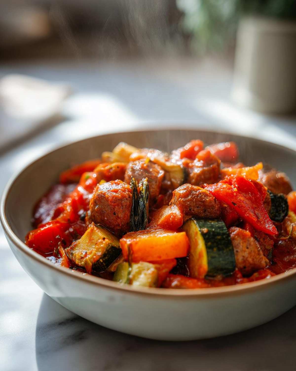 Zbliżenie miski gorącego leczo z kiełbasą, cukinią, papryką i sosem pomidorowym, z parą unoszącą się nad daniem. leczo z kielbasa.