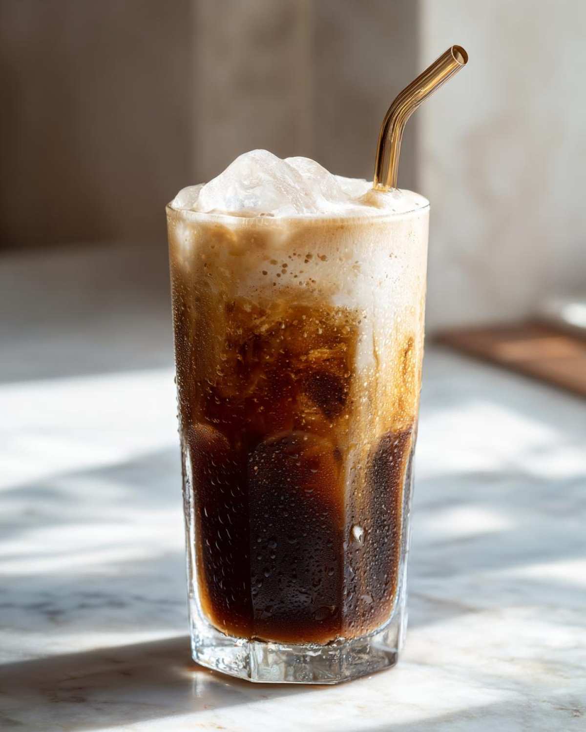 Szklanka greckiego frappe z grubą warstwą pianki, lodem i złotą słomką. frappe.