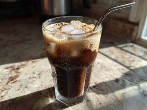 Szklanka greckiego frappe z kostkami lodu i obfitą pianką, ze słomką, stojąca na blacie.