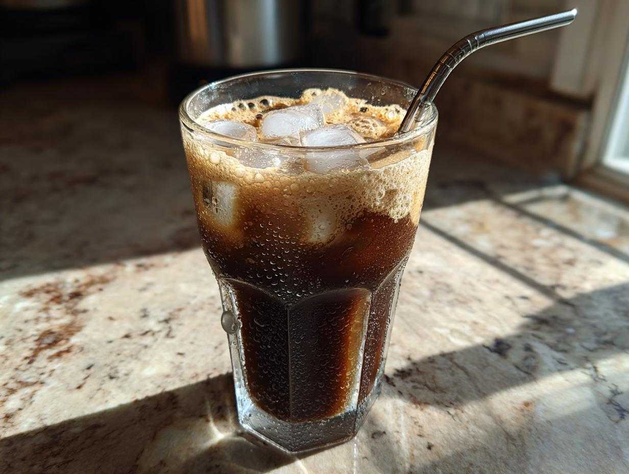 Szklanka greckiego frappe z kostkami lodu i obfitą pianką, ze słomką, stojąca na blacie.