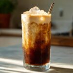 Wysoka szklanka z orzeźwiającym frappe, lodem i gęstą pianką, stojąca na marmurowym blacie w słońcu.