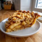 Zbliżenie na kawałek jabłecznika z grubą warstwą kruszonki i widocznym nadzieniem jabłkowym na białym talerzu.