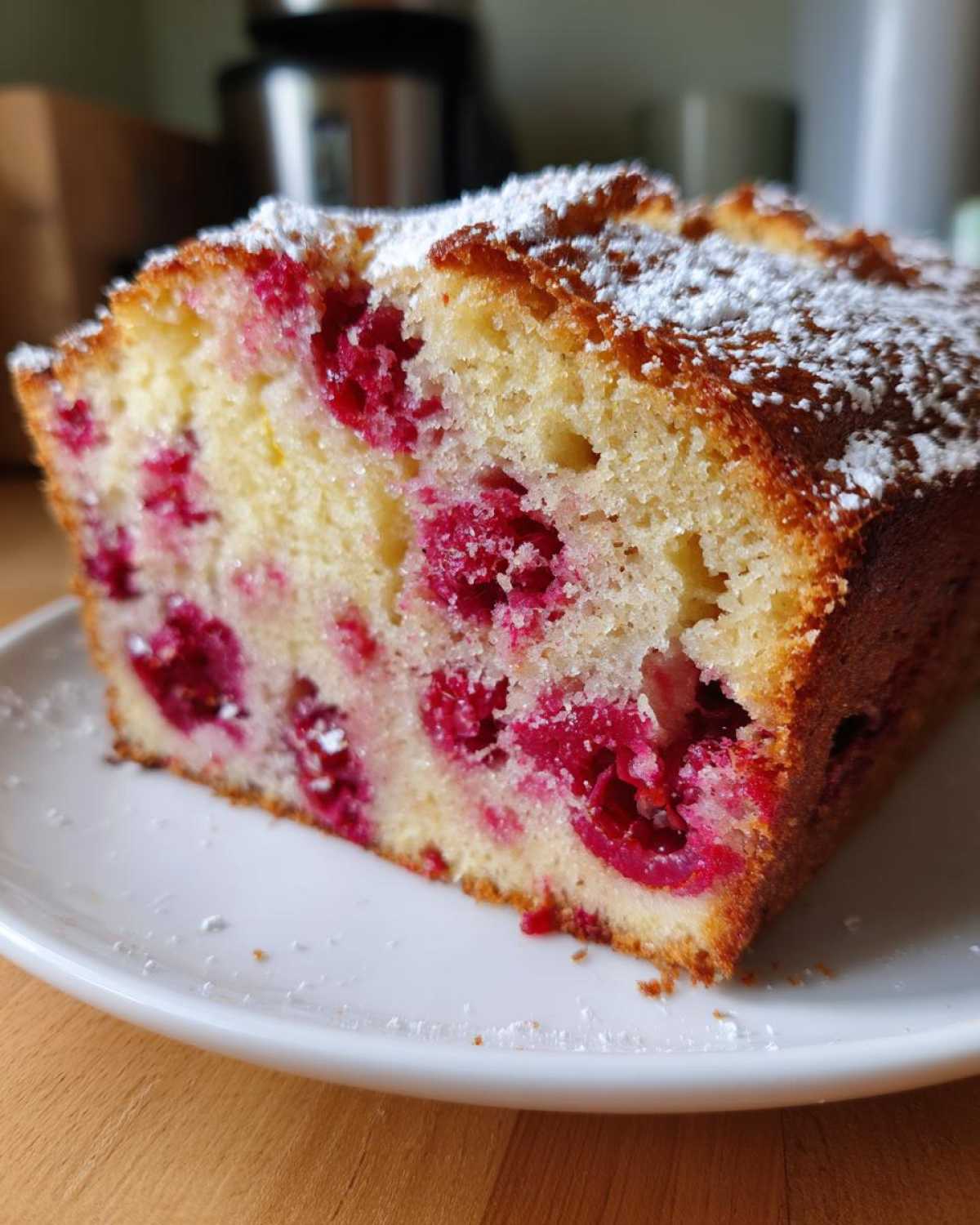Zbliżenie na kawałek ciasta z malinami, widoczne czerwone maliny w puszystym cieście, posypane cukrem pudrem.