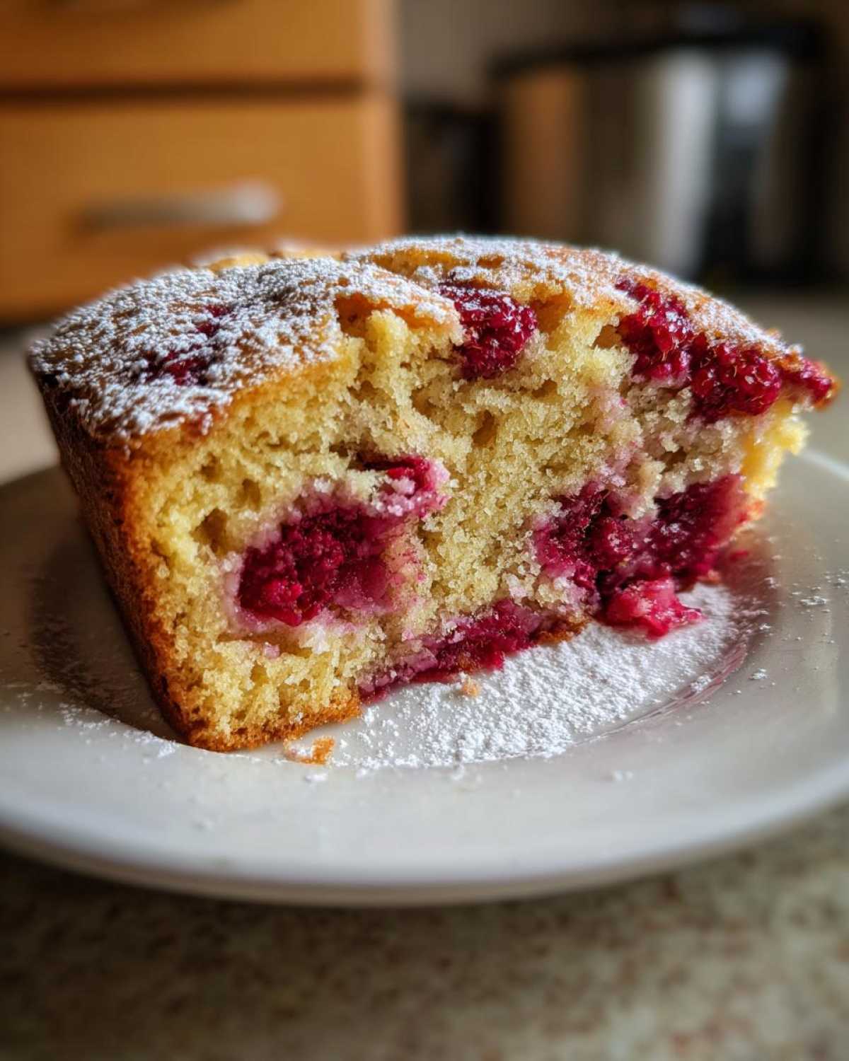 Zbliżenie na kawałek ciasta z malinami, posypanego cukrem pudrem, leżącego na białym talerzu. ciasto z malinami.