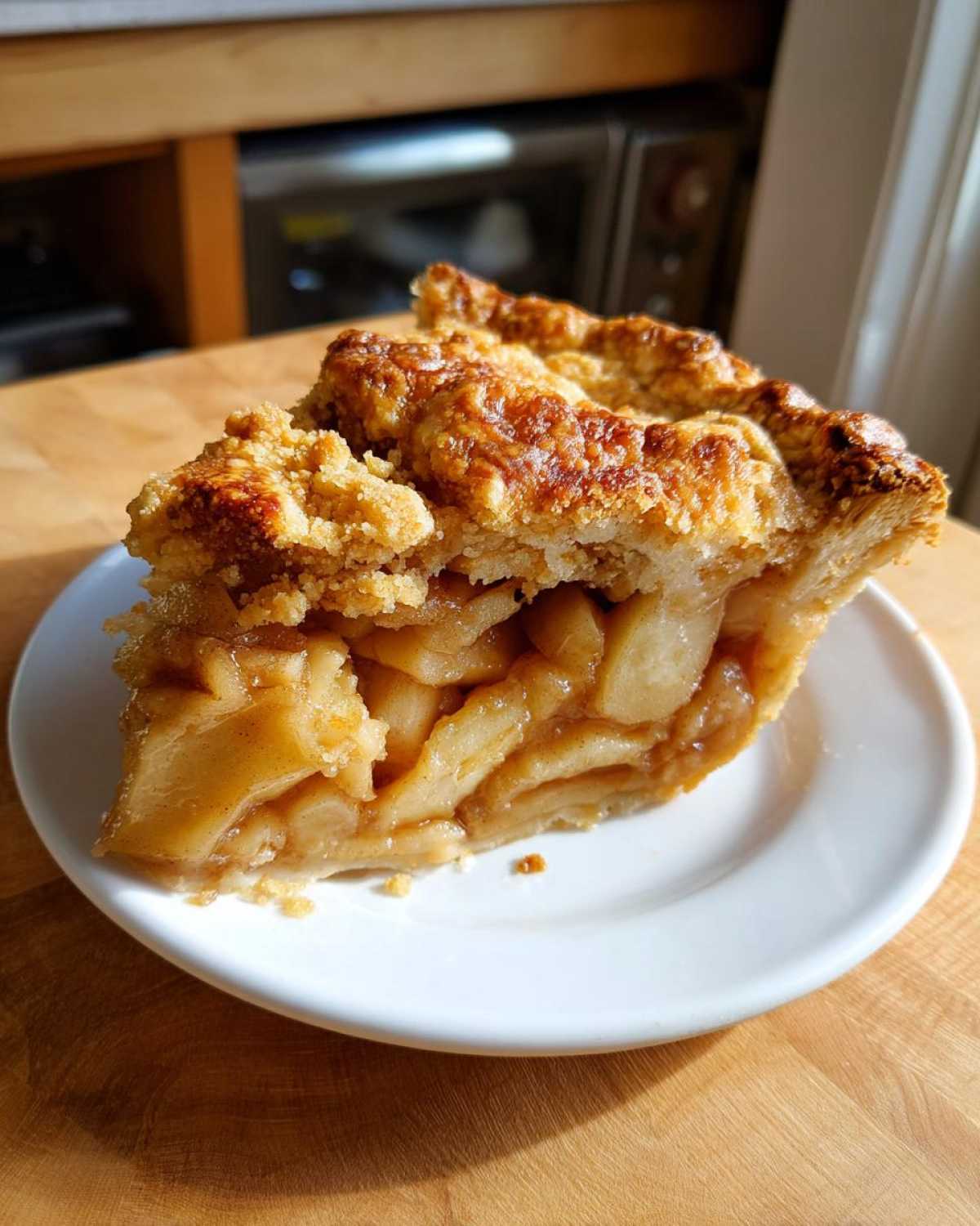 Zbliżenie na kawałek jabłecznika z widocznym jabłkowym nadzieniem i chrupiącą kruszonką na wierzchu.