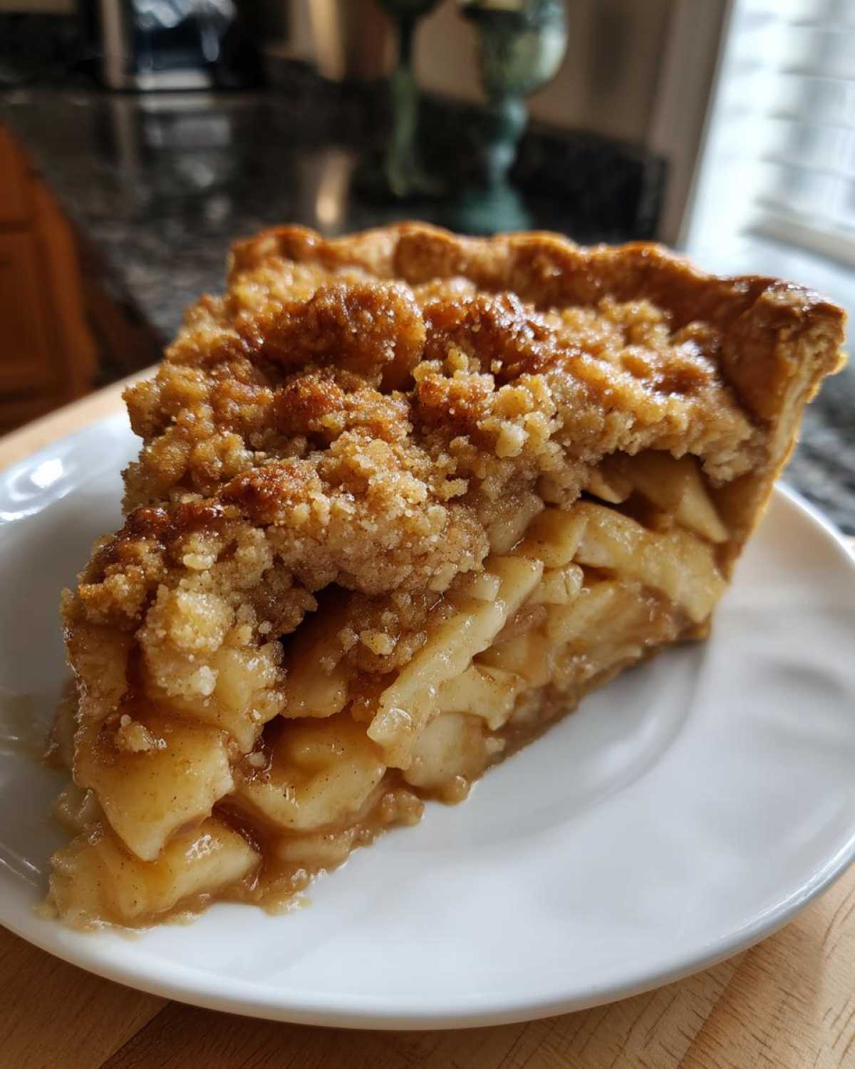 Zbliżenie na kawałek jabłecznika z kruszonką na białym talerzu, ukazujące warstwy jabłek.