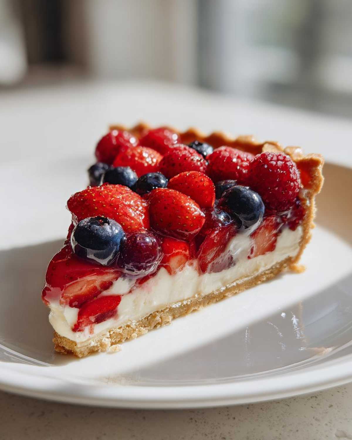 Zbliżenie na kawałek tarta z owocami, z truskawkami, borówkami i malinami na wierzchu, na białym talerzu.