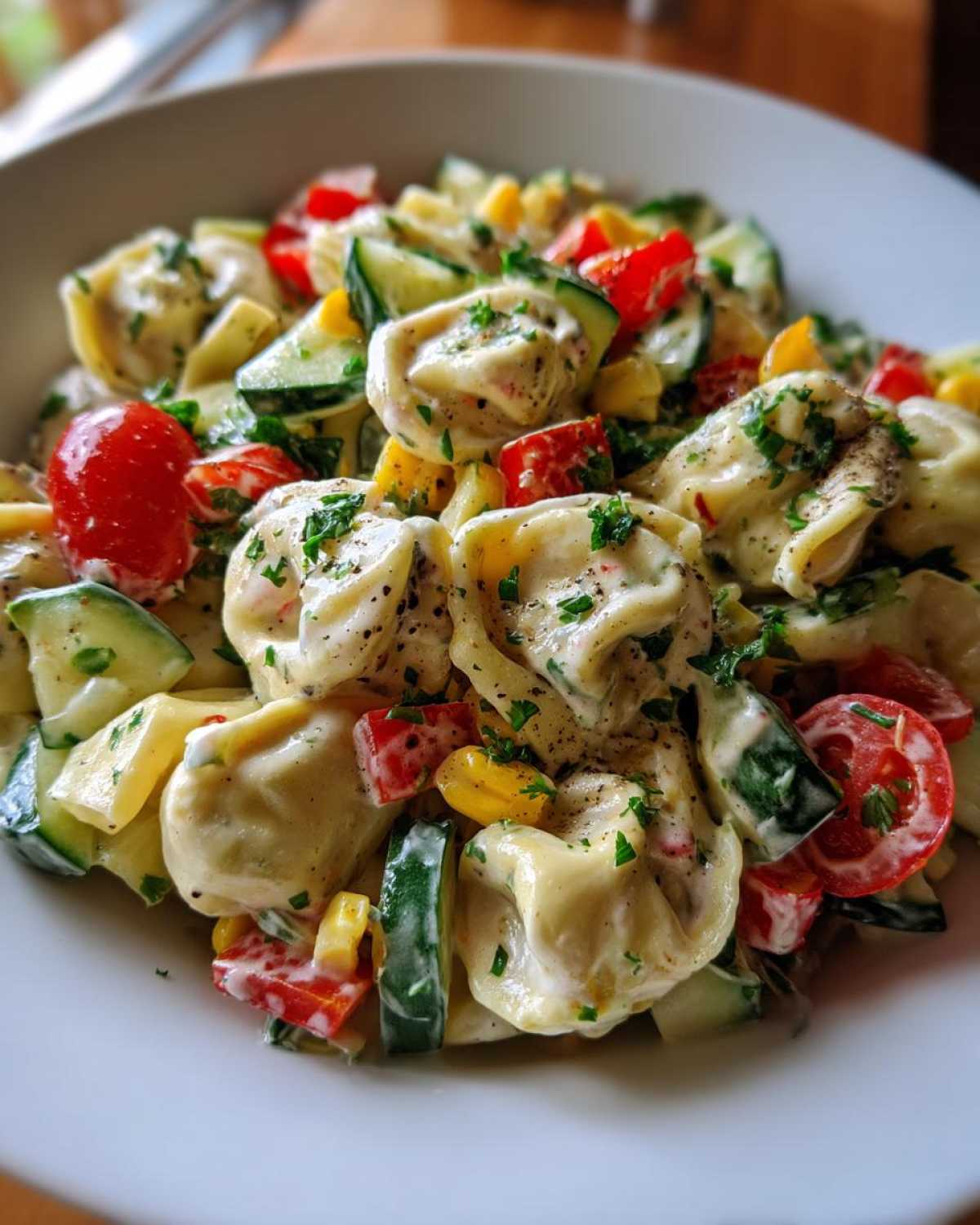 Zbliżenie na sałatkę z tortellini z pomidorami, ogórkiem, kukurydzą i posypaną pietruszką.