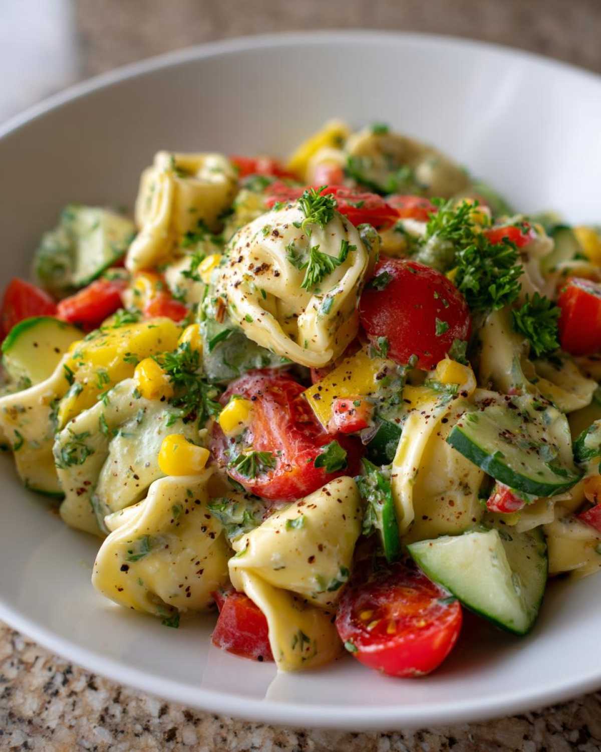 Zbliżenie na sałatkę z tortellini z pomidorami, ogórkiem, papryką i kukurydzą, posypaną świeżą pietruszką.