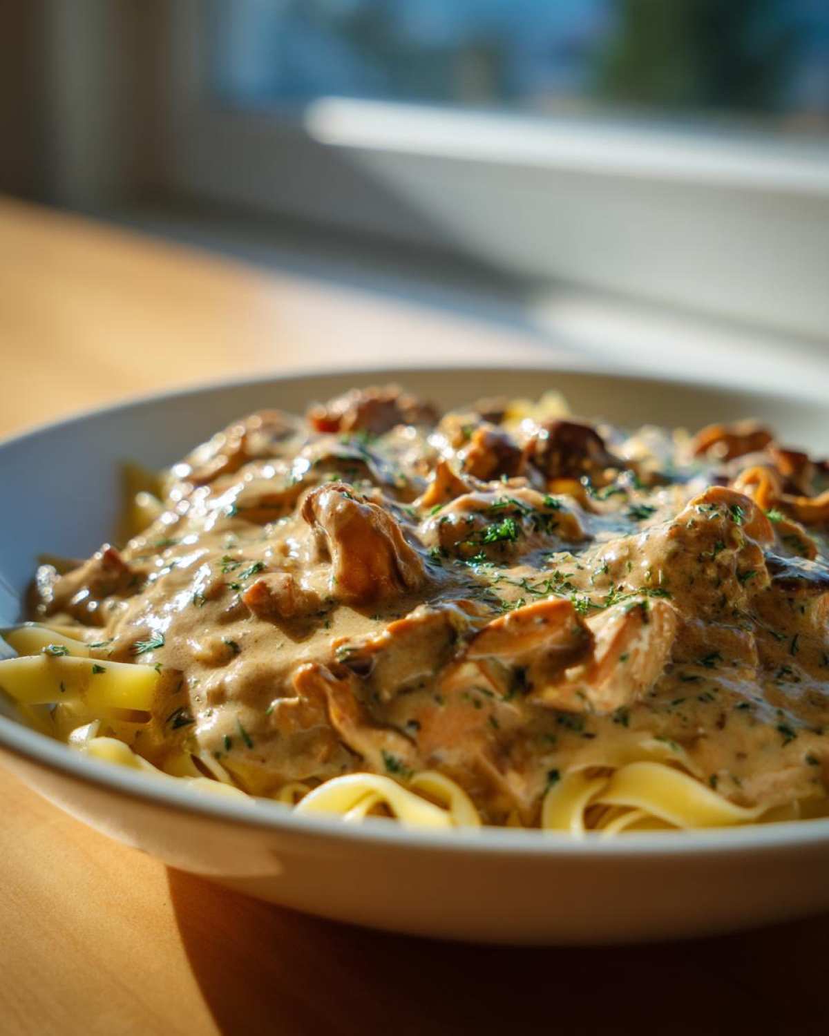 Zbliżenie na talerz makaronu tagliatelle polanego kremowym sosem kurkowym, posypanego świeżą natką pietruszki.