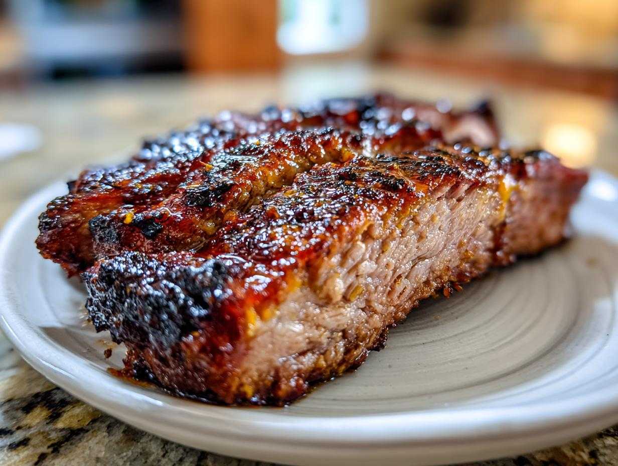 Zbliżenie na kawałki grillowanej karkówki z błyszczącą, skarmelizowaną skórką, leżące na białym talerzu. Idealna marynata do karkówki na grilla.