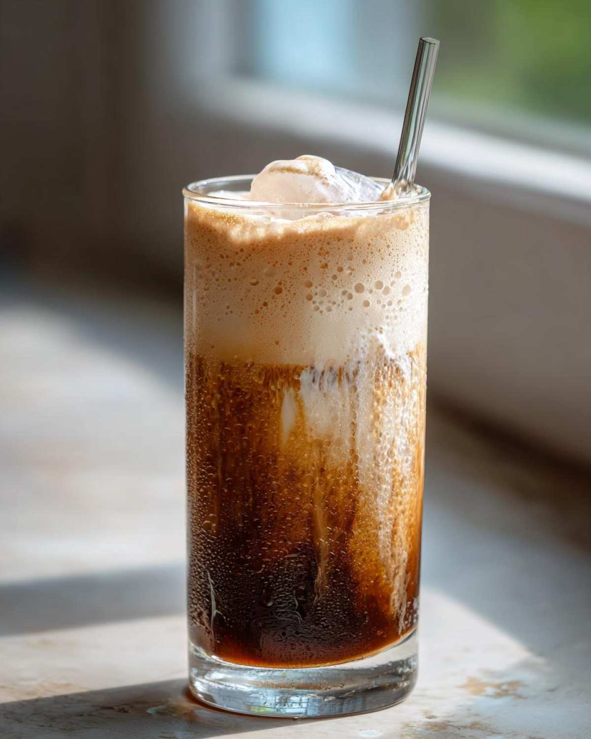 Zbliżenie na wysoką szklankę orzeźwiającego frappe z grubą warstwą pianki i kostkami lodu.