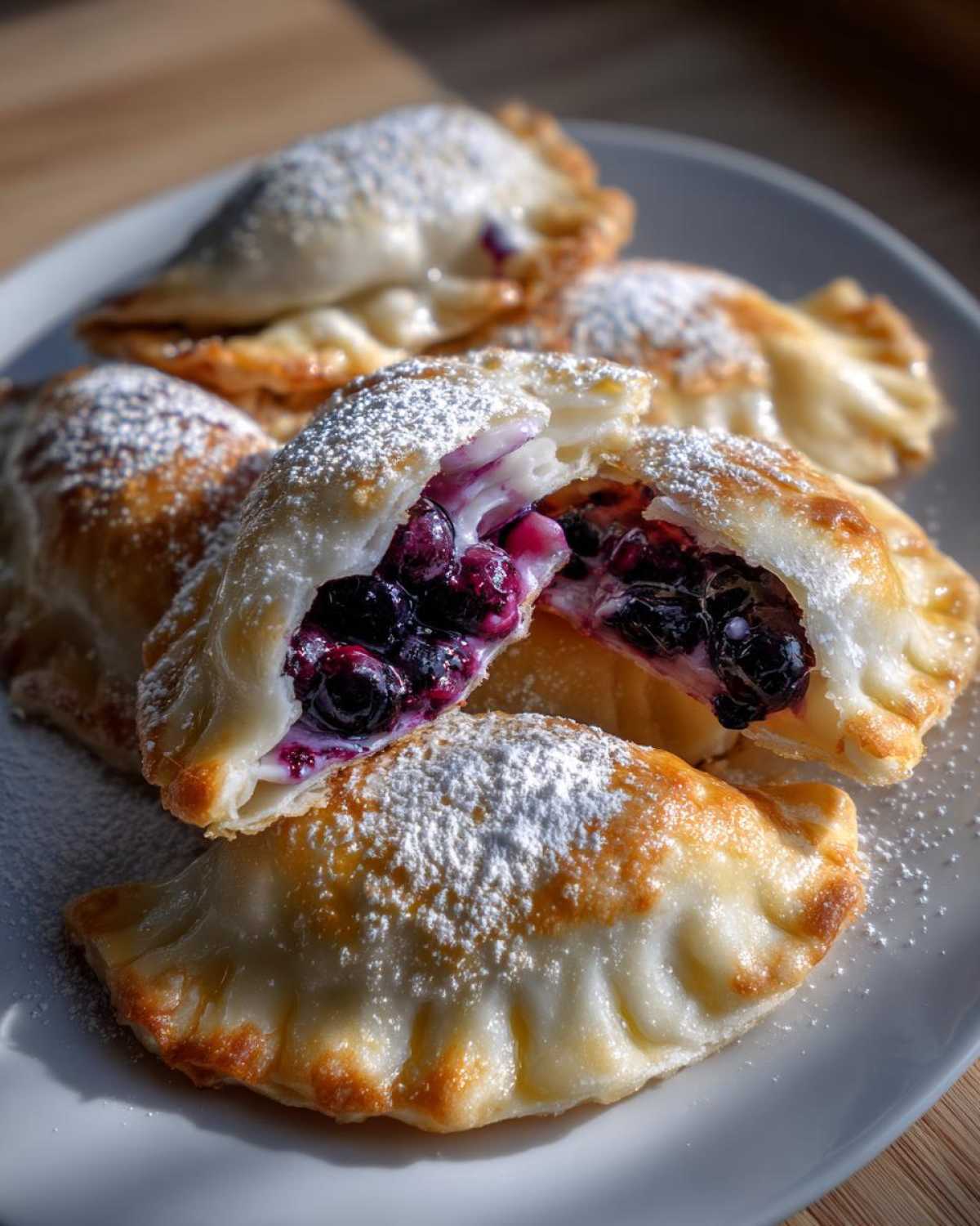 Zbliżenie na talerz z pierogami z jagodami, jeden otwarty, ukazujący soczyste nadzienie jagodowe, posypane cukrem pudrem.