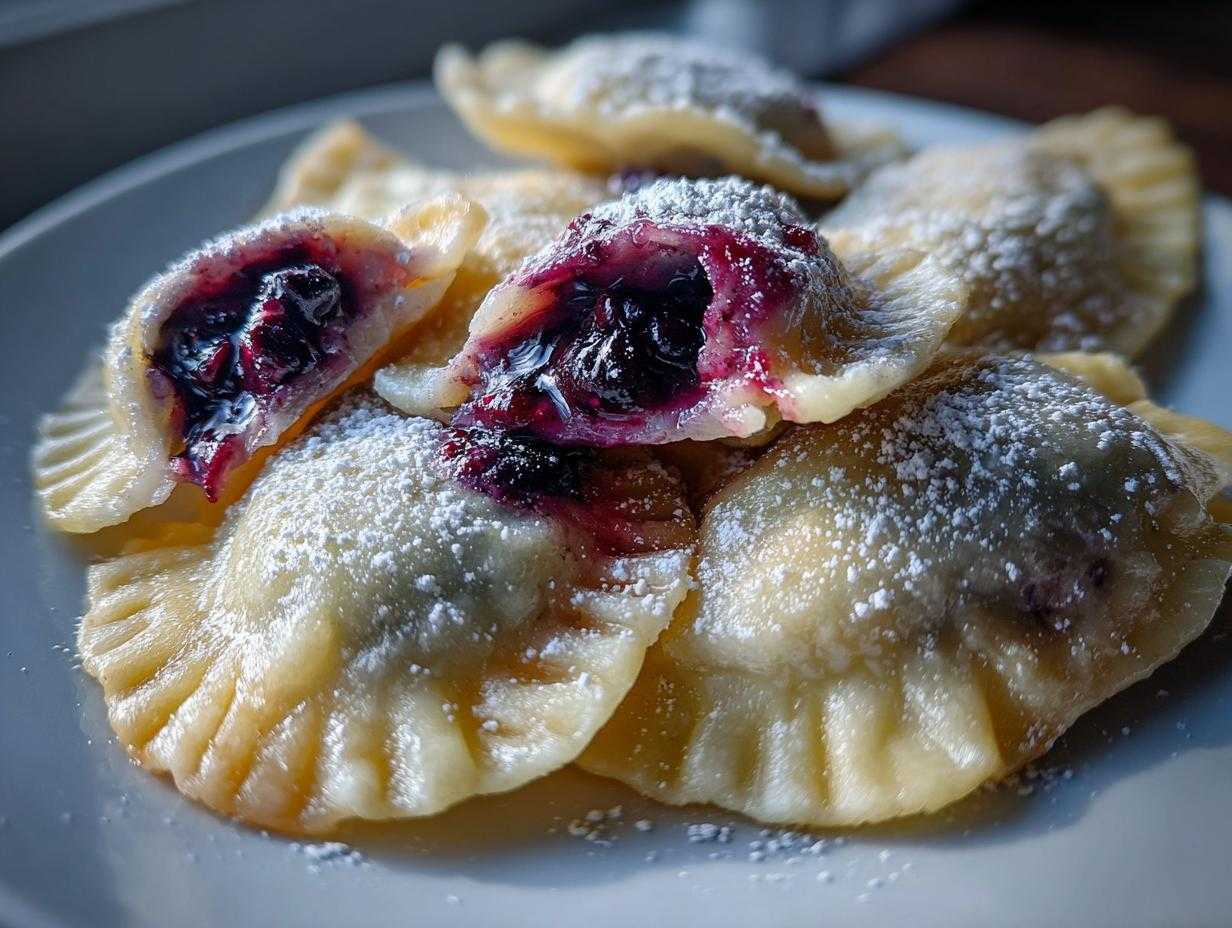 Zbliżenie na talerz z pierogami z jagodami, niektóre przekrojone, z widocznym nadzieniem jagodowym i posypane cukrem pudrem. pierogi z jagodami