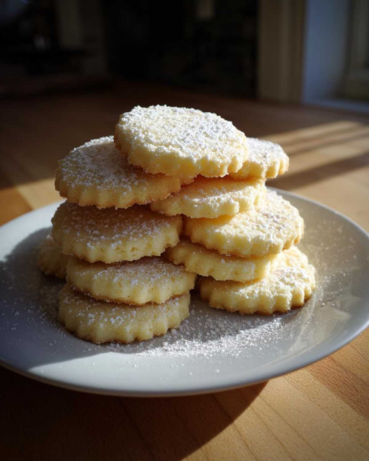 Stos okrągłych ciastka maślane posypanych cukrem pudrem na białym talerzu.