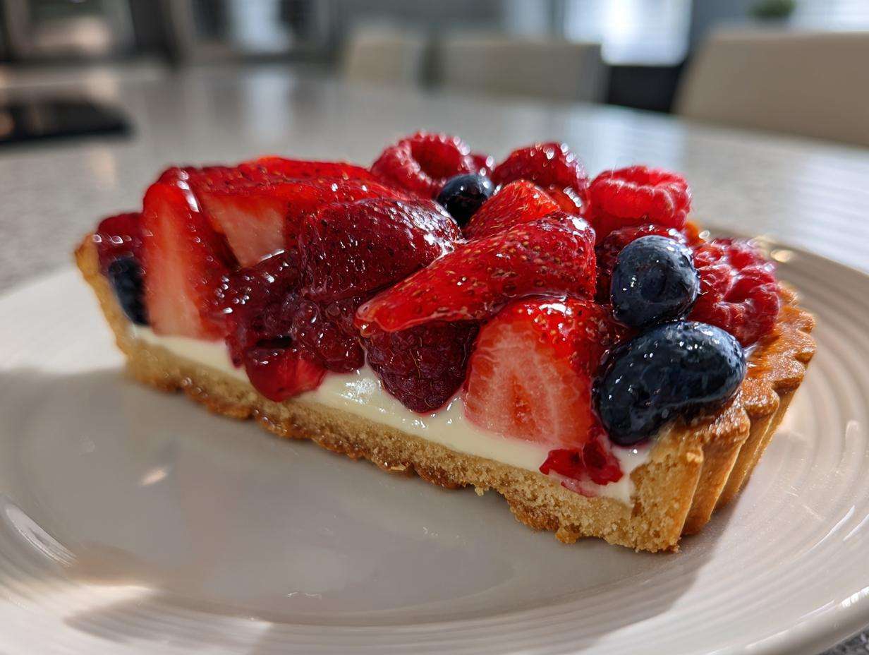 Zbliżenie na kawałek tarty z owocami leśnymi, truskawkami, malinami i borówkami, polanej glazurą, na białym talerzu. tarta z owocami.